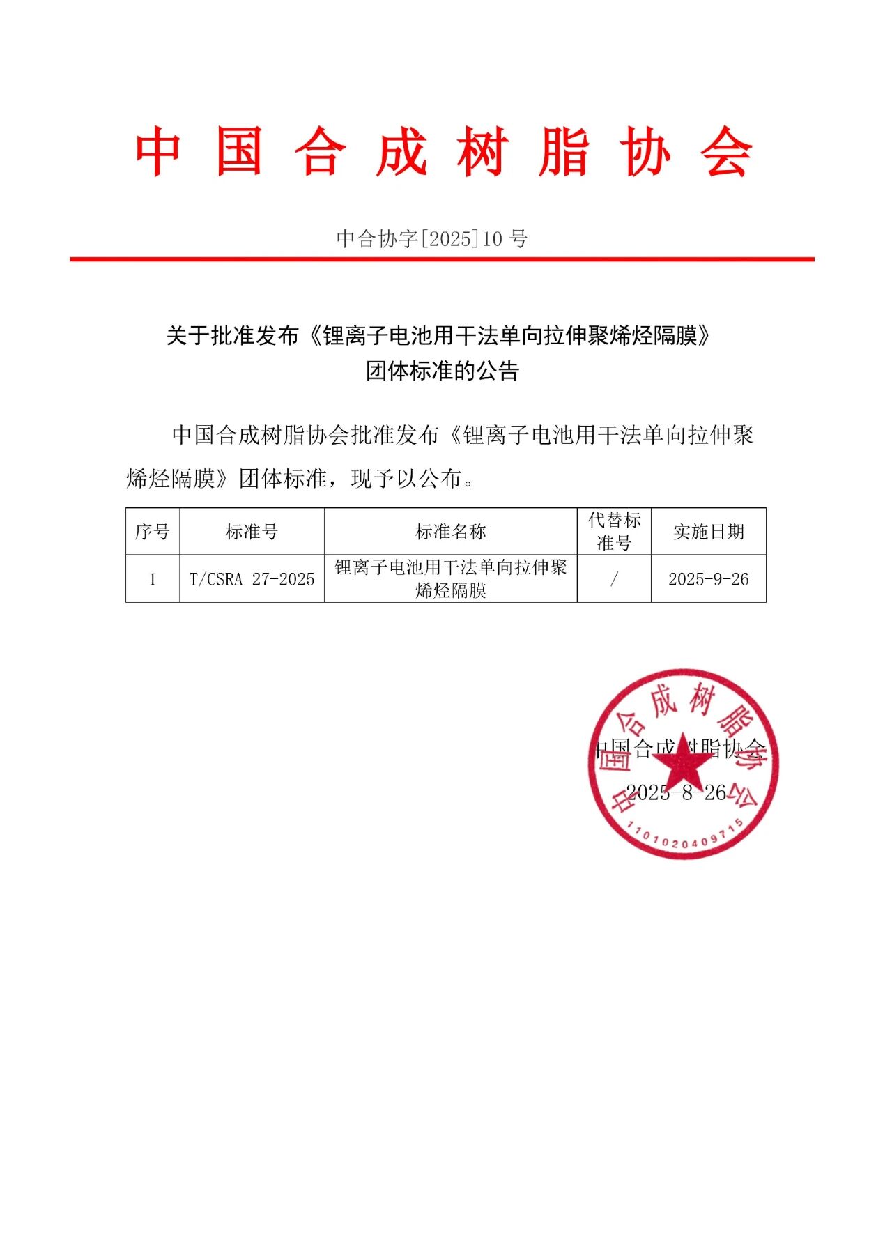 团体标准 | 关于批准公布《锂离子电池用干法单向拉伸聚烯烃隔膜》的公告